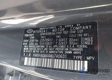 2021 Hyundai Kona Sel Plus z USA, uszkodzony, nr VIN KM8K6CAA4MU740631